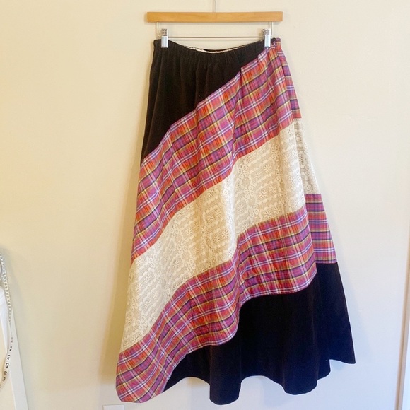 Vintage Chessa Davis Patchwork Lace Plaid Velvet Maxi Skirt